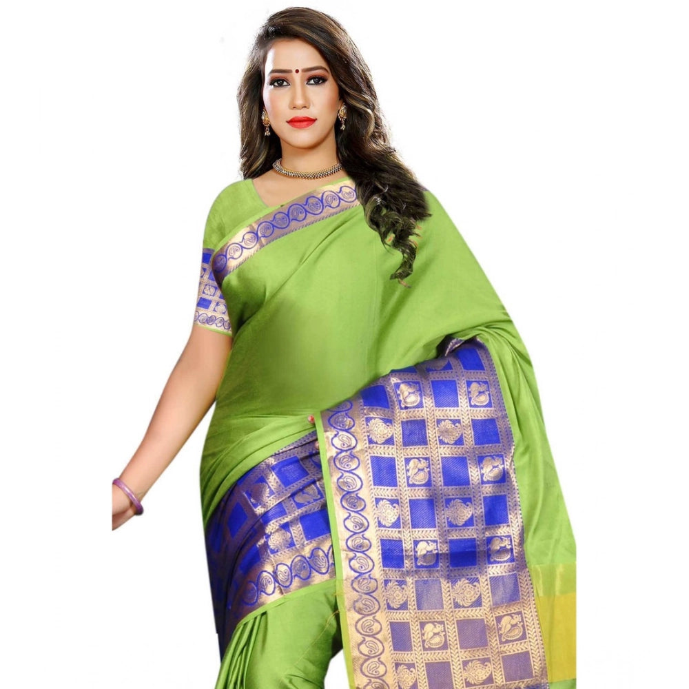 Green jacquard woven saree with unstitched blouse, vibrant green fabric patterned design for traditional Indian wear