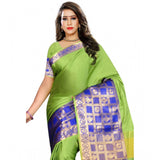 Green jacquard woven saree with unstitched blouse, vibrant green fabric patterned design for traditional Indian wear