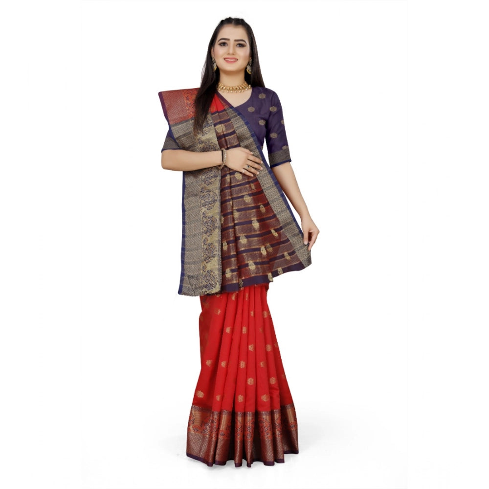 Red jacquard woven saree with unstitched blouse, 5.5mtr length