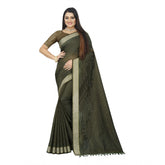 Green cotton blend solid saree with unstitched blouse, 5.5mtr for women's traditional Indian wear
