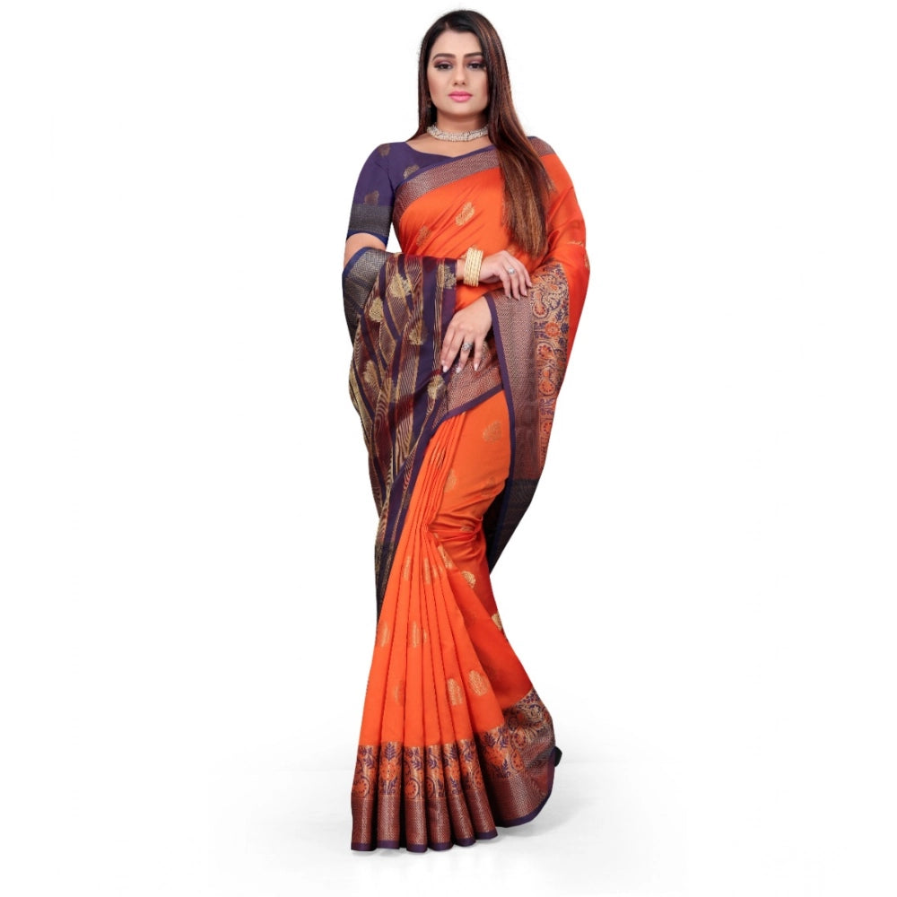 Orange silk blend woven saree with unstitched blouse, vibrant and elegant for traditional wear