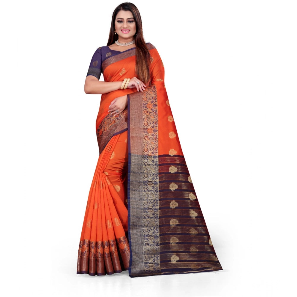Orange silk blend woven saree with unstitched blouse, vibrant and elegant on display