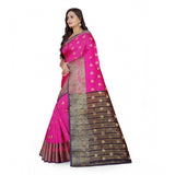 Women's pink jacquard woven saree with unstitched blouse, vibrant floral pattern on display