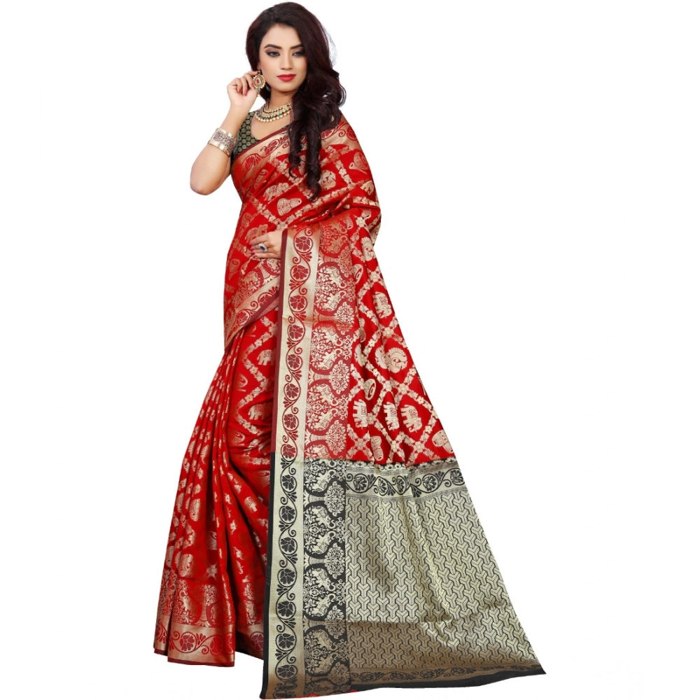 Red jacquard woven saree with unstitched blouse, intricate pattern on display