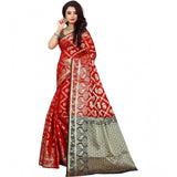 Red jacquard woven saree with unstitched blouse, intricate pattern on display