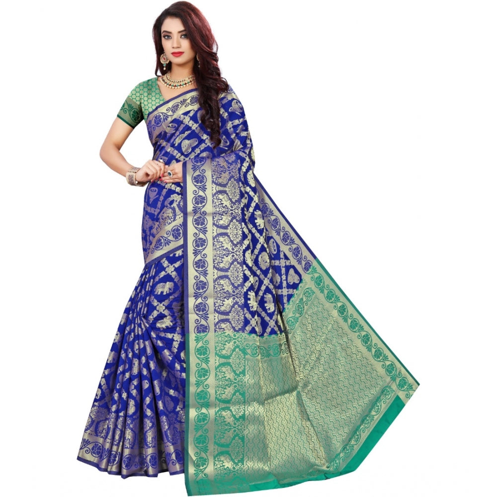 Blue jacquard woven saree with unstitched blouse, 5.5mtr for women's traditional Indian fashion