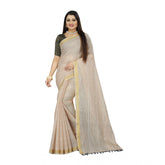 Beige cotton blend solid saree with unstitched blouse (5.5mtr) for women's traditional wear