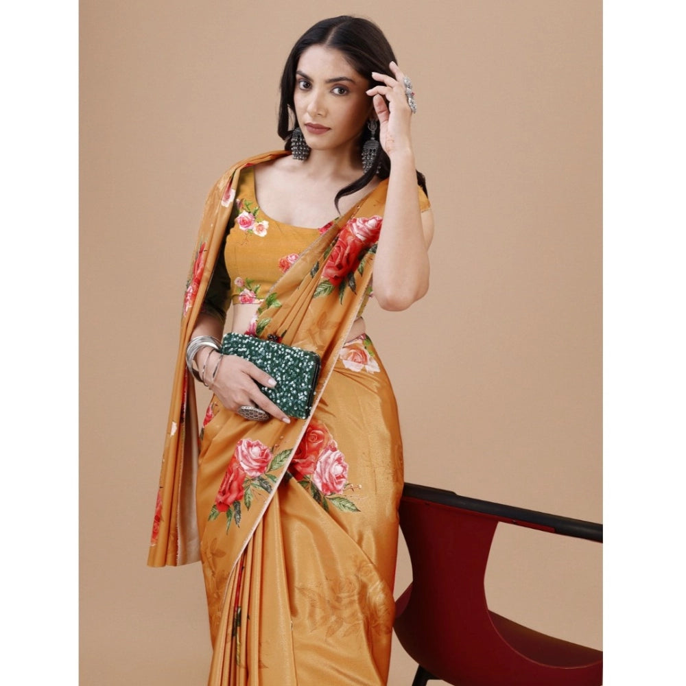 Mustard crepe digital print saree with unstitched blouse, vibrant and intricate design on 5.5mtr length