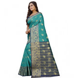 Dark blue-green silk blend woven saree with unstitched blouse, vibrant Indian fashion accessory