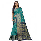 Dark blue-green silk blend woven saree with unstitched blouse, perfect for traditional Indian attire