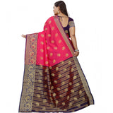 Multi-colored silk blend woven saree with unstitched blouse, vibrant patterns for traditional Indian wear