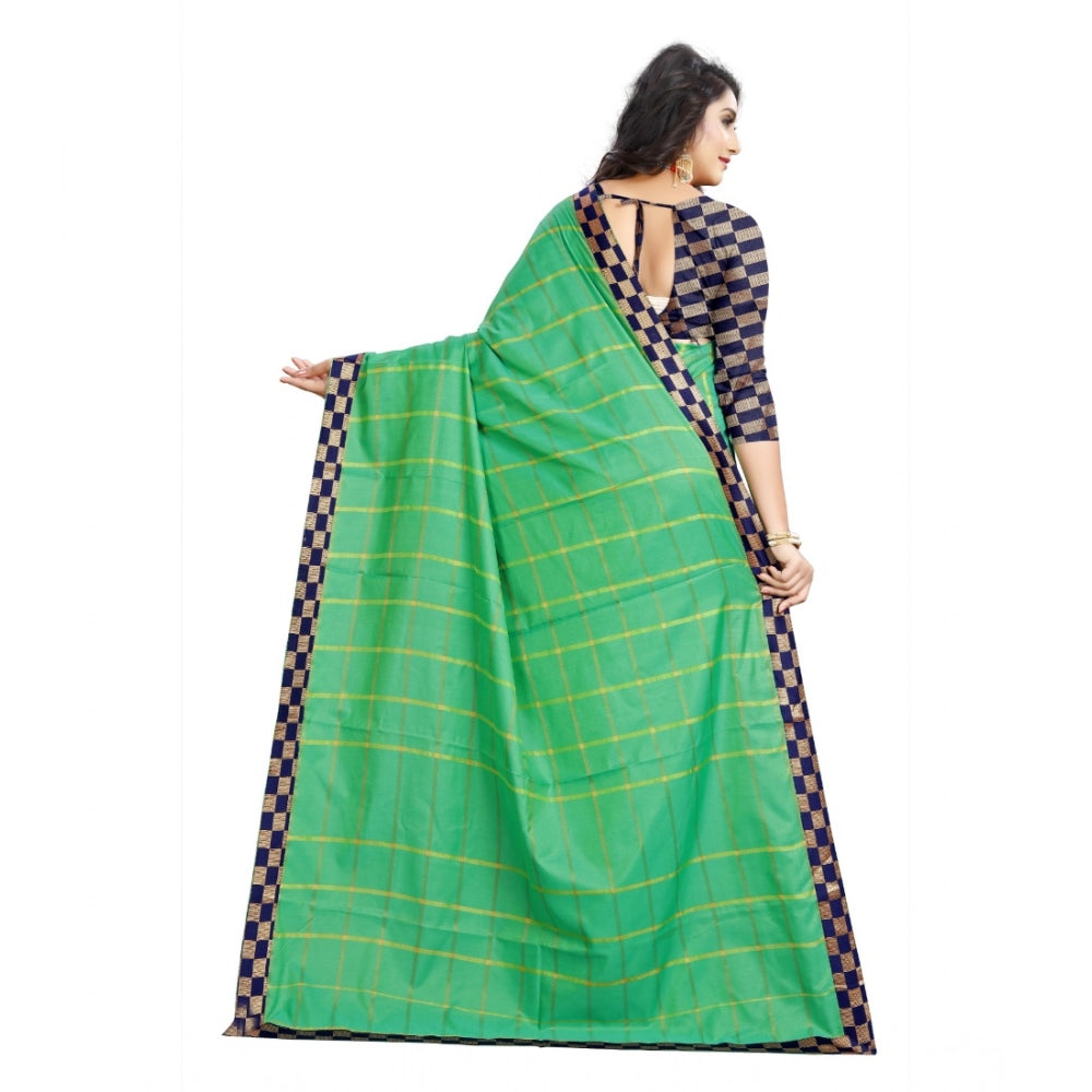Green cotton silk checkered saree with unstitched blouse, vibrant Indian ethnic wear for women