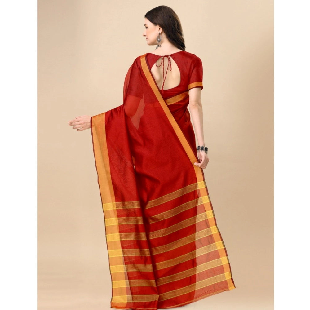 Red cotton silk striped saree with unstitched blouse (5.5mtr)