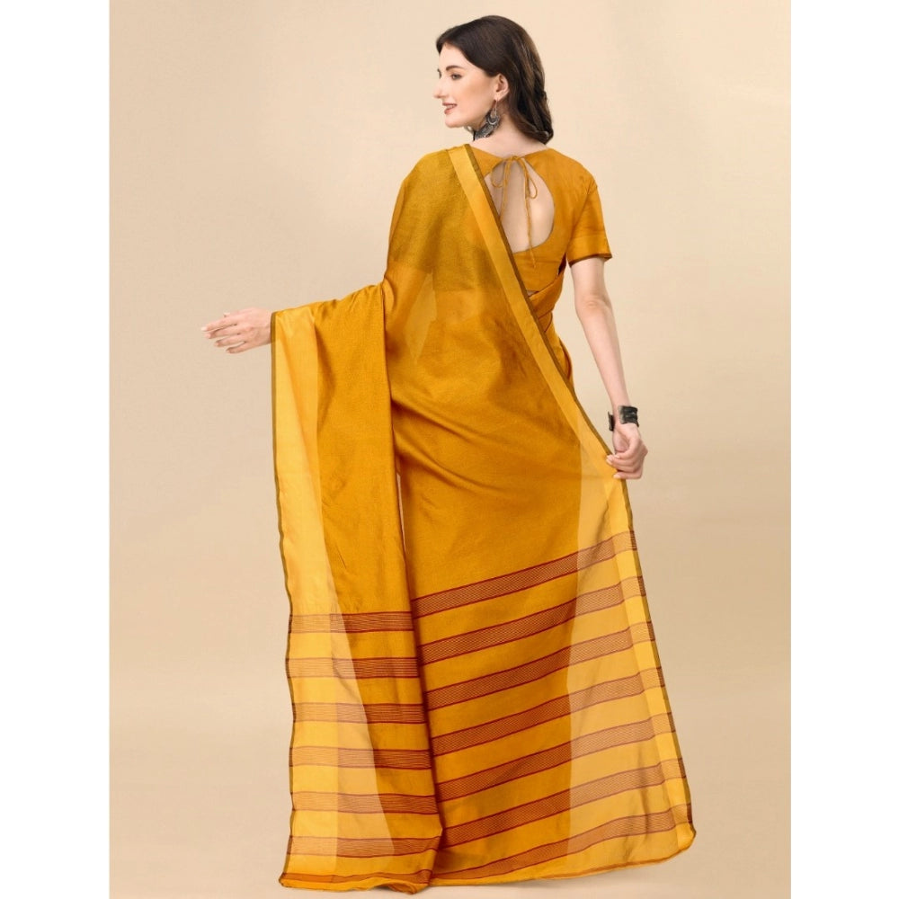 Mustard cotton silk striped saree with unstitched blouse, 5.5Mtr for traditional Indian wear