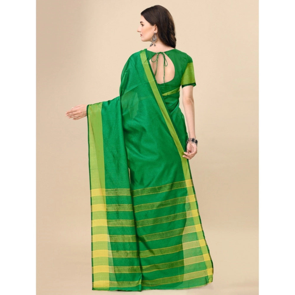 Green cotton silk striped saree with unstitched blouse, elegant Indian women's wear accessory