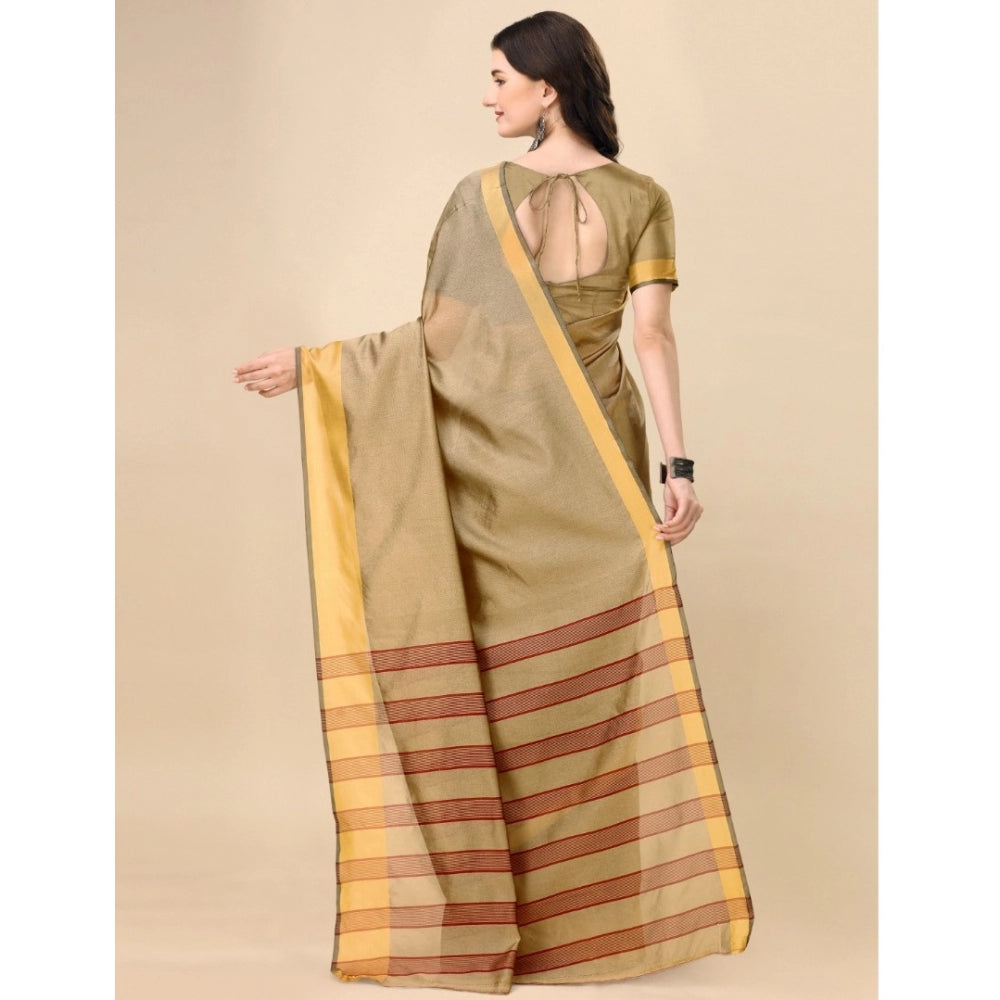 Cream cotton silk striped saree with unstitched blouse, versatile Indian women's fashion accessory