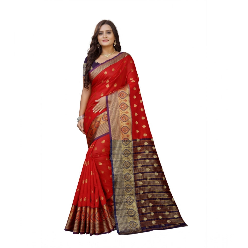 Purple-red silk blend woven saree with unstitched blouse, vibrant traditional Indian wear
