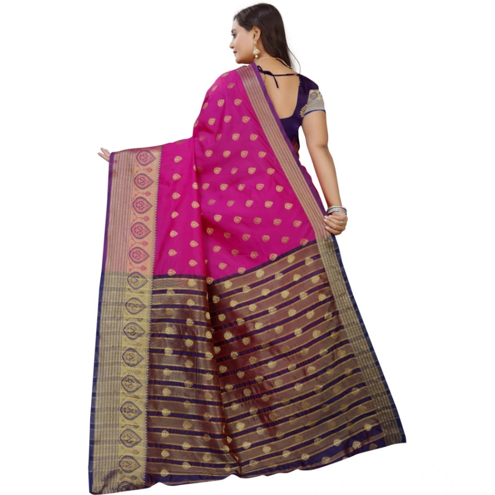 Purple-pink silk blend woven saree with unstitched blouse, intricate design on vibrant display