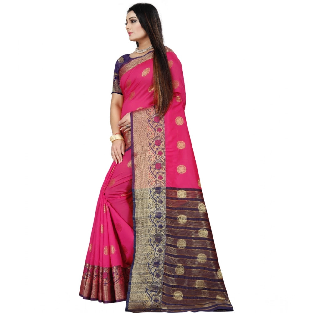 Blue-Pink silk blend woven saree with unstitched blouse, vibrant Indian traditional wear for women on display