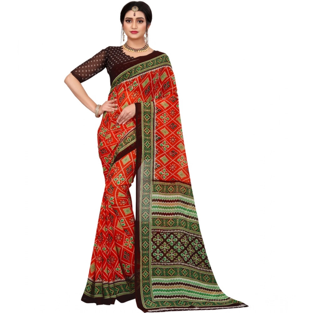 Orange georgette floral print saree with unstitched blouse (5.5mtr) on hanger