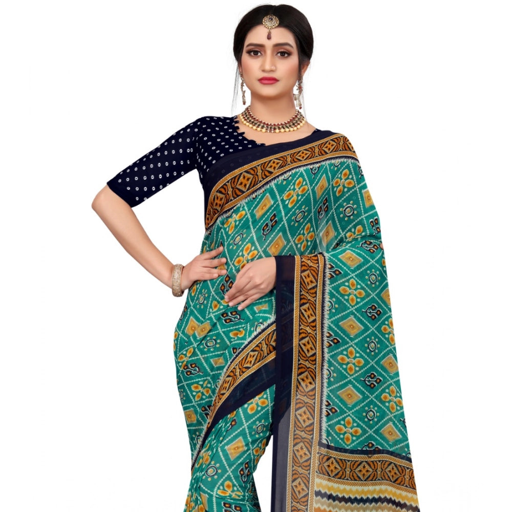 Dark green Georgette floral print saree with unstitched blouse, vibrant floral pattern on display