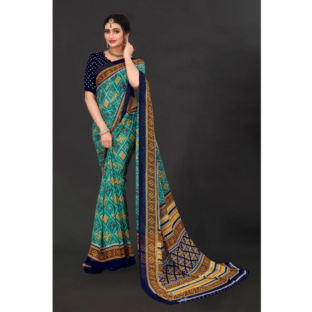 Dark green Georgette floral print saree with unstitched blouse, vibrant blooms on flowing fabric