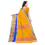 Yellow jacquard woven saree with unstitched blouse, vibrant traditional Indian attire