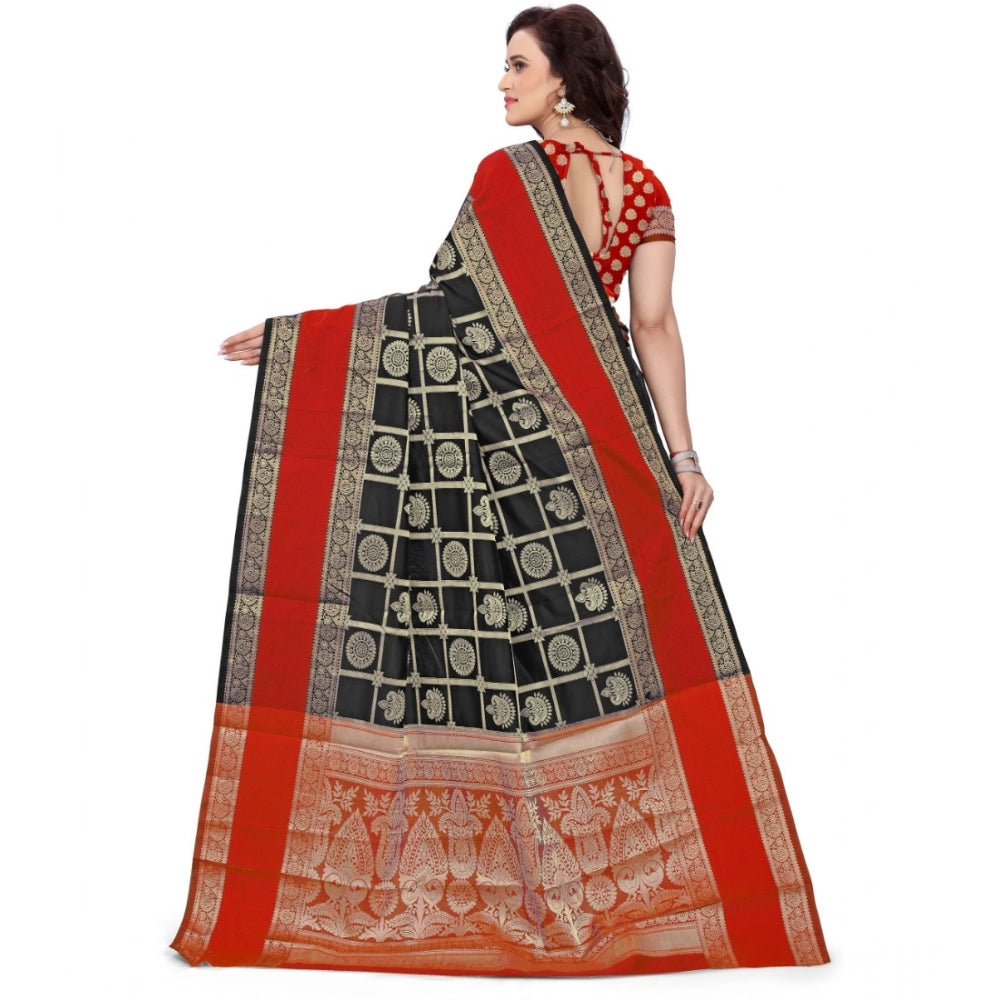Red-black jacquard woven saree with unstitched blouse (5.5mtr) - traditional Indian women's attire