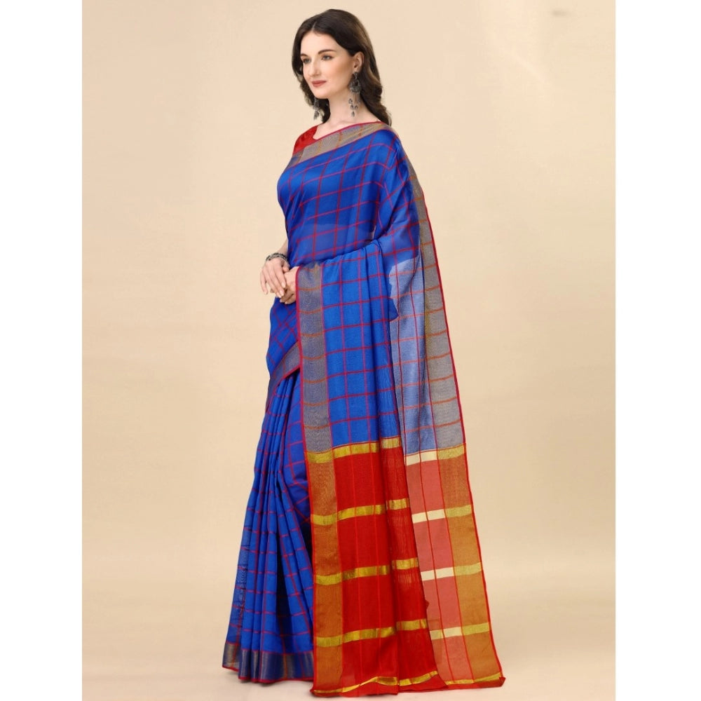 Blue cotton silk checkered saree with unstitched blouse, vibrant pattern for traditional Indian fashion
