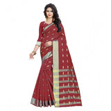 Red silk blend woven saree with unstitched blouse, vibrant Indian garment for traditional wear