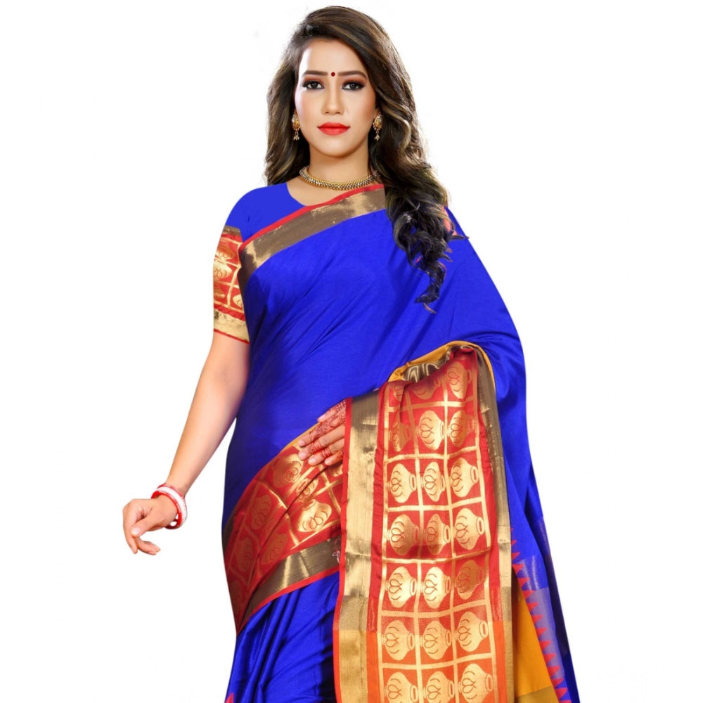 Blue jacquard woven saree with unstitched blouse, vibrant 5.5mtr fabric for traditional Indian wear