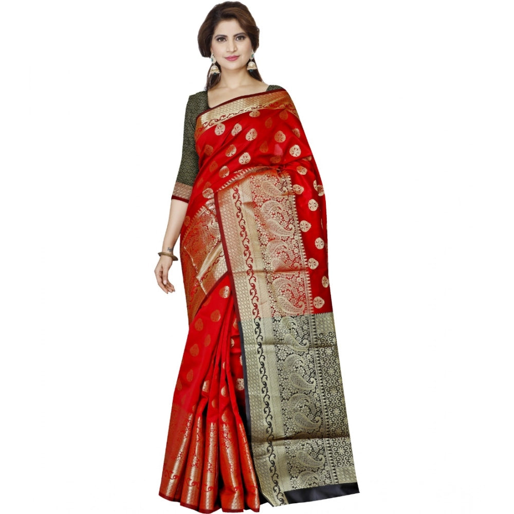 Red jacquard woven saree with unstitched blouse, vibrant red fabric patterned design on display