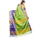 Green jacquard woven saree with unstitched blouse, traditional Indian attire for women on display