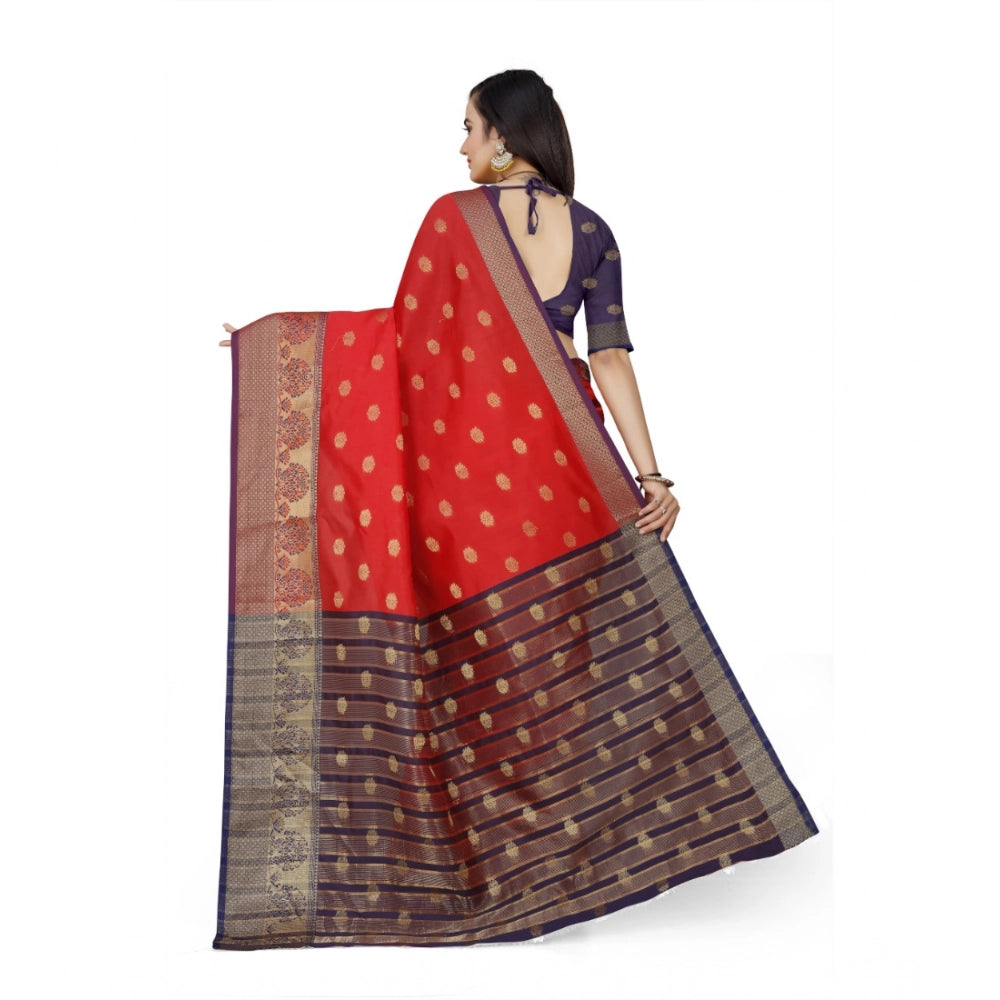 Red jacquard woven saree with unstitched blouse, vibrant textile for traditional Indian wear