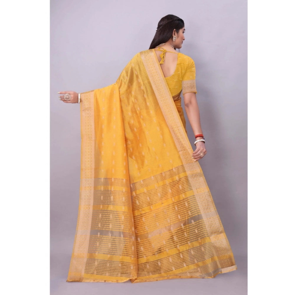 Yellow silk blend woven saree with unstitched blouse, vibrant traditional attire for women