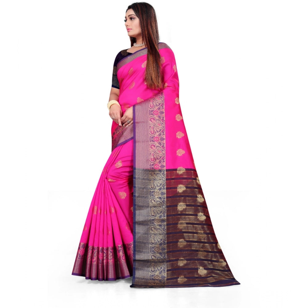 Pink silk blend woven saree with unstitched blouse (5.5mtr), vibrant traditional Indian wear for women