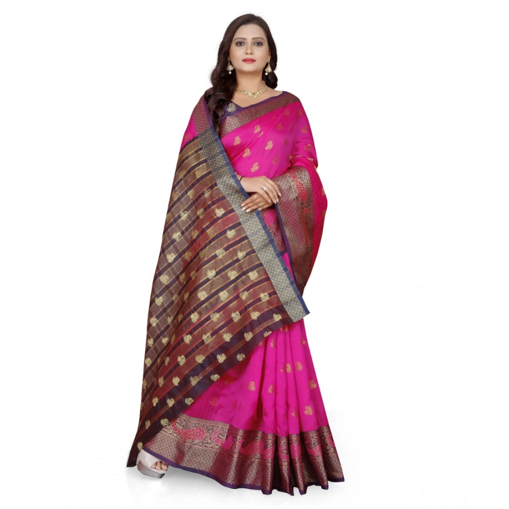 Pink jacquard woven saree with unstitched blouse, intricate patterns and vibrant color