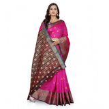 Pink jacquard woven saree with unstitched blouse, intricate patterns and vibrant color