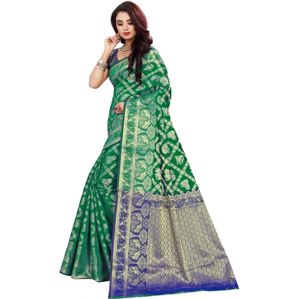 Green jacquard woven saree with unstitched blouse, vibrant traditional Indian attire for women