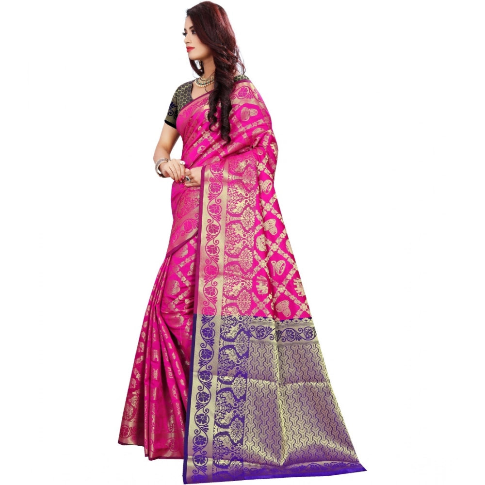Pink jacquard woven saree with unstitched blouse (5.5mtr), vibrant traditional wear for women