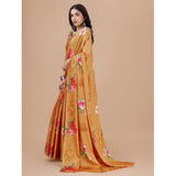 Mustard crepe digital print saree with unstitched blouse, vibrant pattern for traditional Indian wear