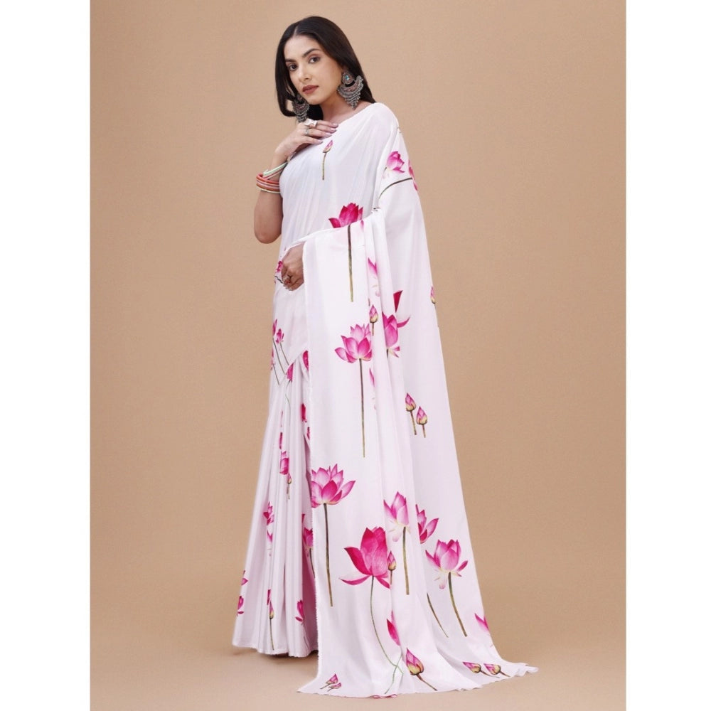 White crepe digital print saree with unstitched blouse, vibrant floral pattern for traditional wear