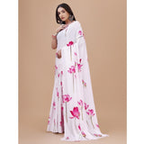 White crepe digital print saree with unstitched blouse, vibrant floral pattern for traditional wear