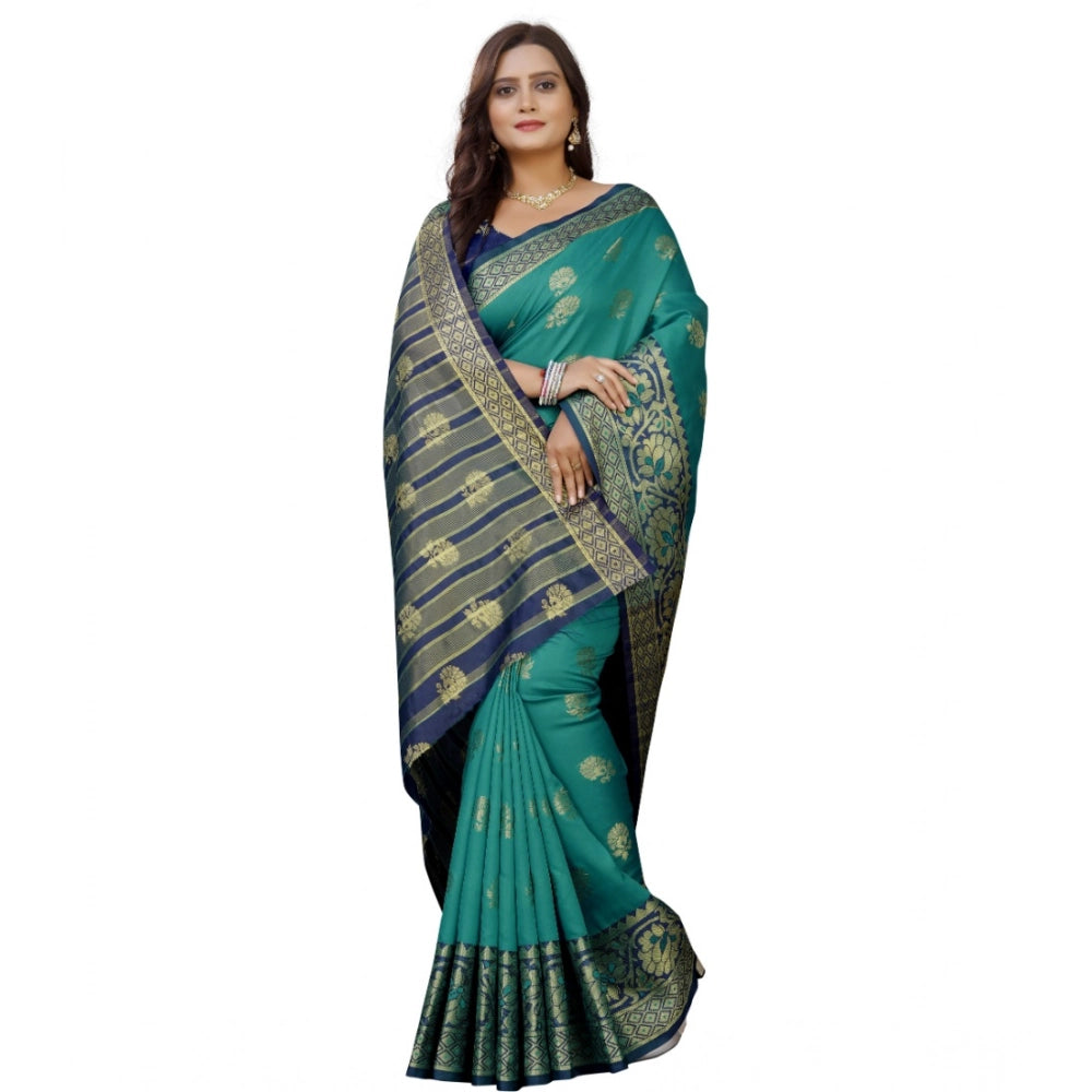 Dark blue-green silk blend woven saree with unstitched blouse, elegant Indian women's fashion accessory