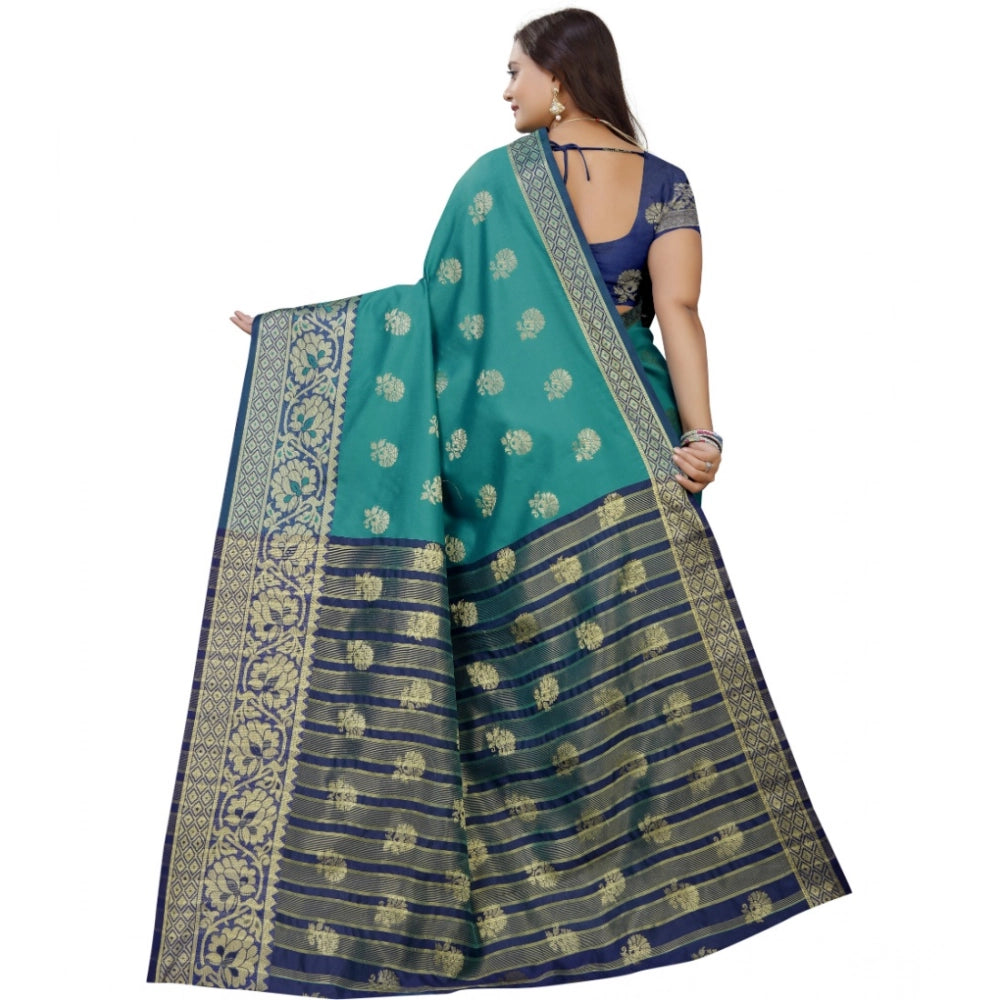 Dark Blue-Green silk blend woven saree with unstitched blouse (5.5mtr), traditional Indian attire on display