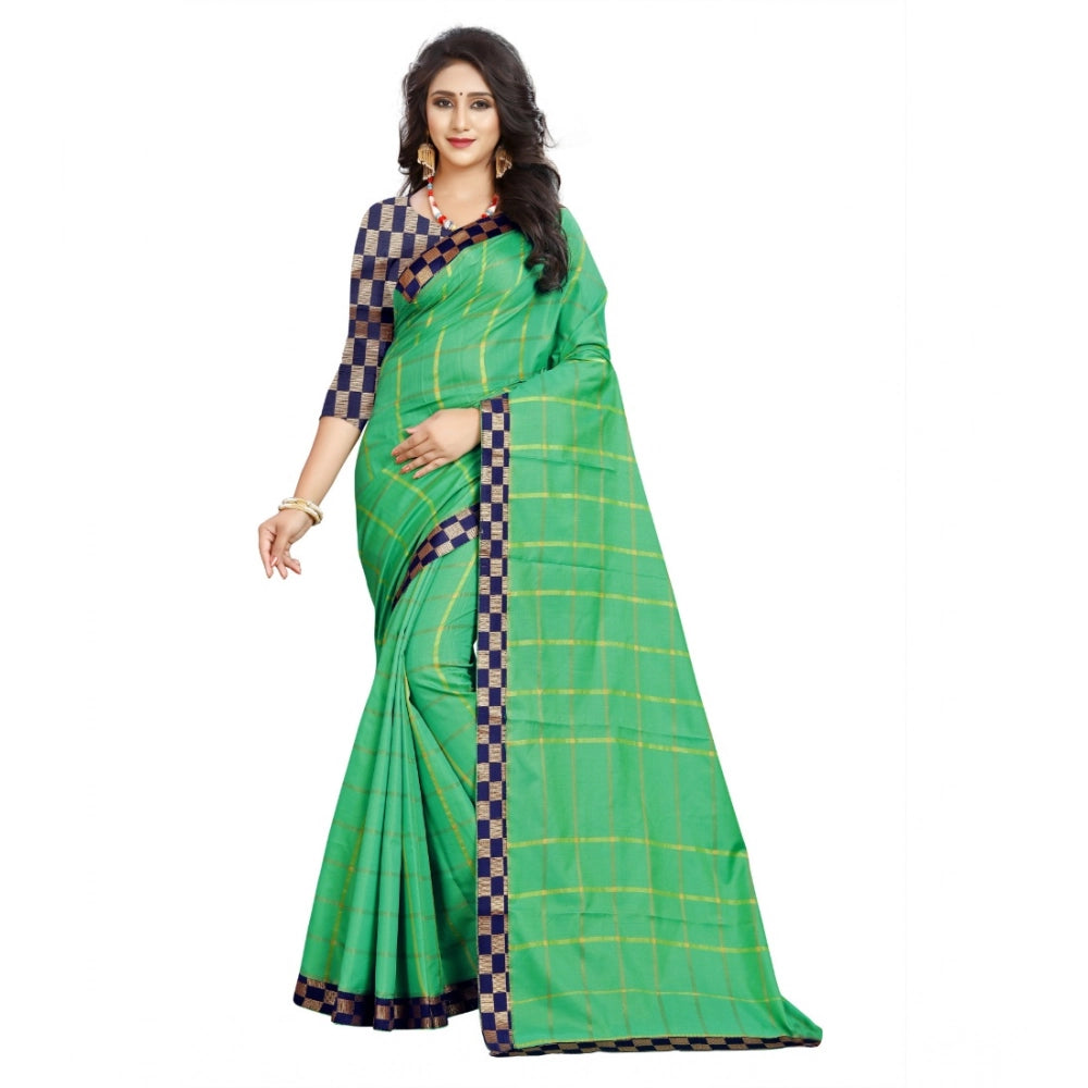 Green cotton silk checkered saree with unstitched blouse, vibrant pattern on display