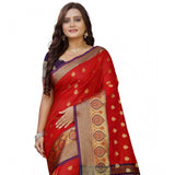 Purple-red silk blend woven saree with unstitched blouse, vibrant fashion accessory for traditional wear