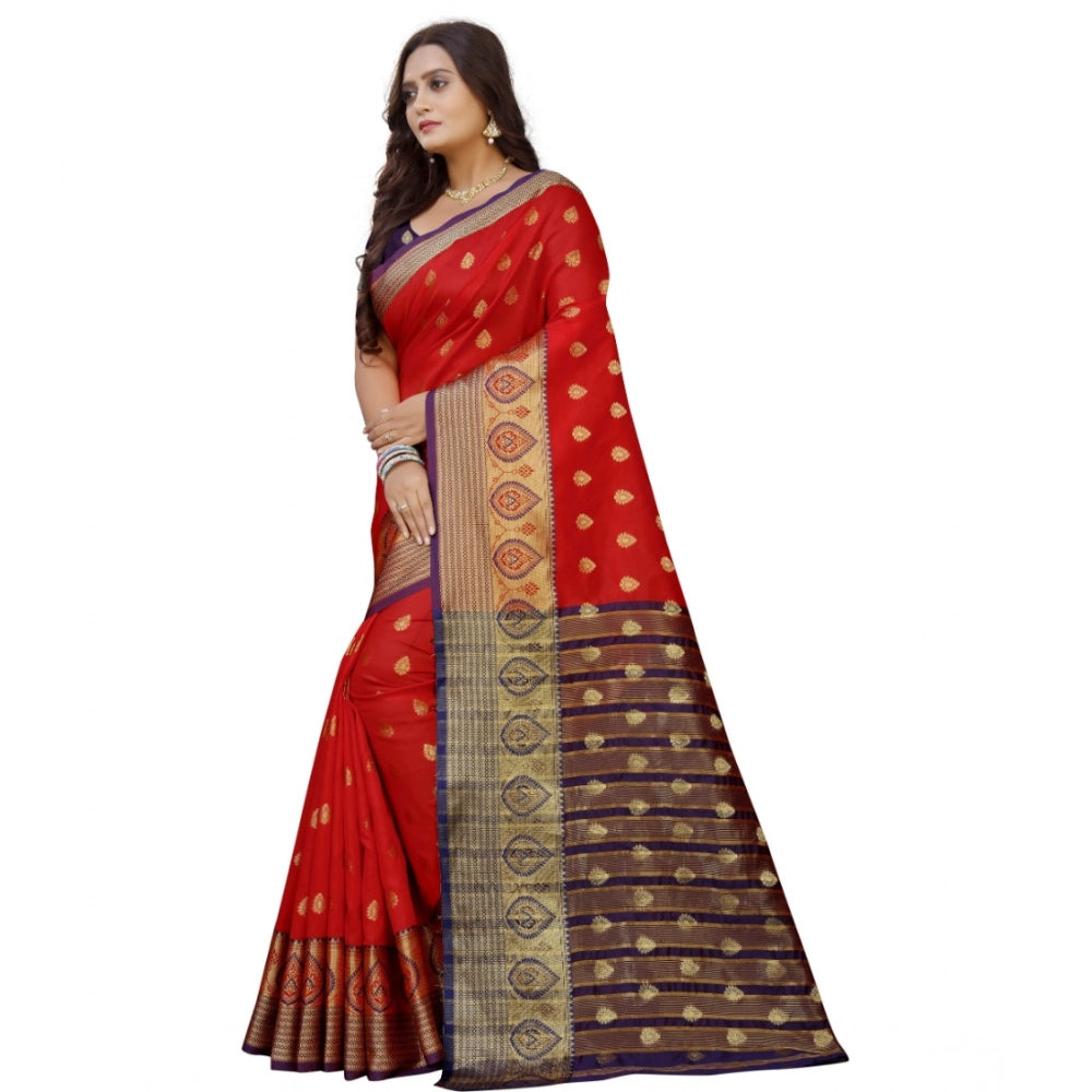 Purple-red silk blend woven saree with unstitched blouse, richly detailed traditional Indian women's fashion