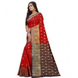 Purple-red silk blend woven saree with unstitched blouse, richly detailed traditional Indian women's fashion