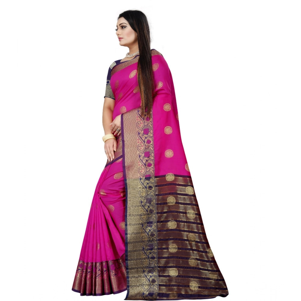 Blue-Pink silk blend woven saree with unstitched blouse, ideal for traditional wear